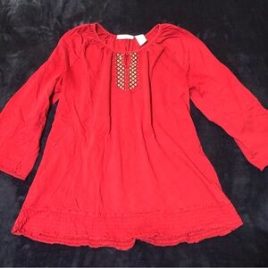 Kim Rogers Red Embroidered Split Neck Cotton Blouse